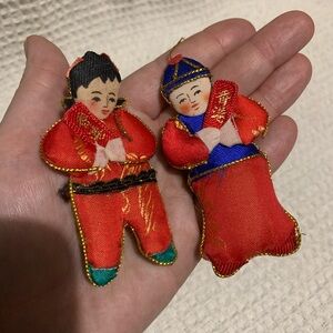 Vintage Chinese Silk Flat Figures 3" New Year Ornaments set of 2
